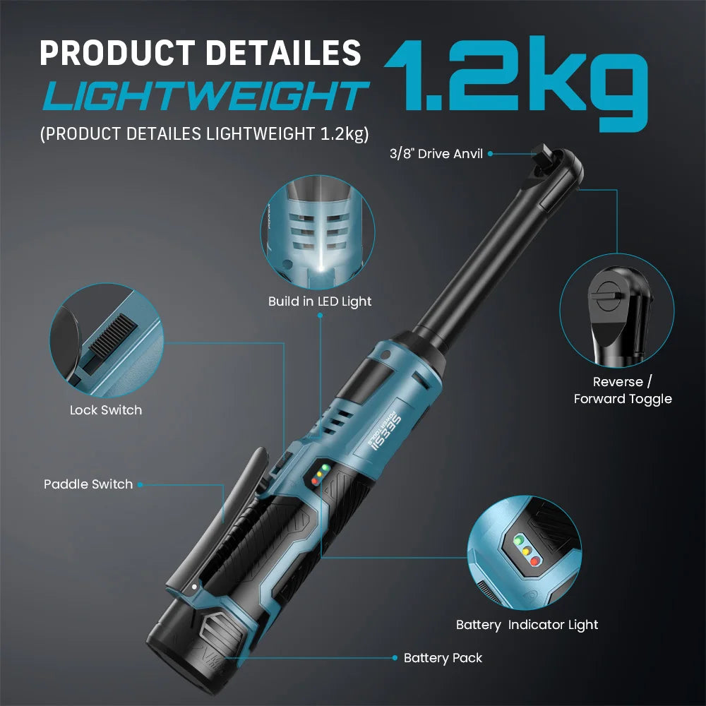 Cordless Electric Ratchet Wrench 3/8” – Extended Head Automotive Power Tool with LED Light