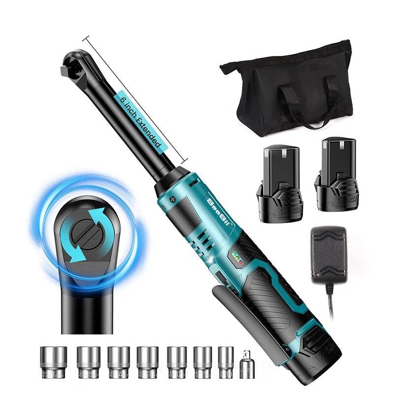 Cordless Electric Ratchet Wrench 3/8” – Extended Head Automotive Power Tool with LED Light