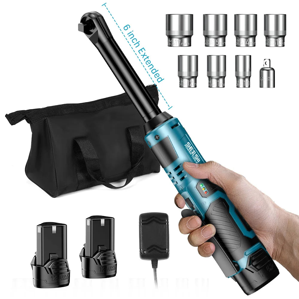 Cordless Electric Ratchet Wrench 3/8” – Extended Head Automotive Power Tool with LED Light