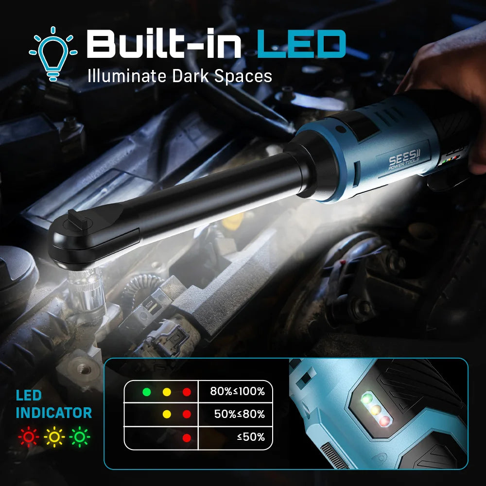 Cordless Electric Ratchet Wrench 3/8” – Extended Head Automotive Power Tool with LED Light