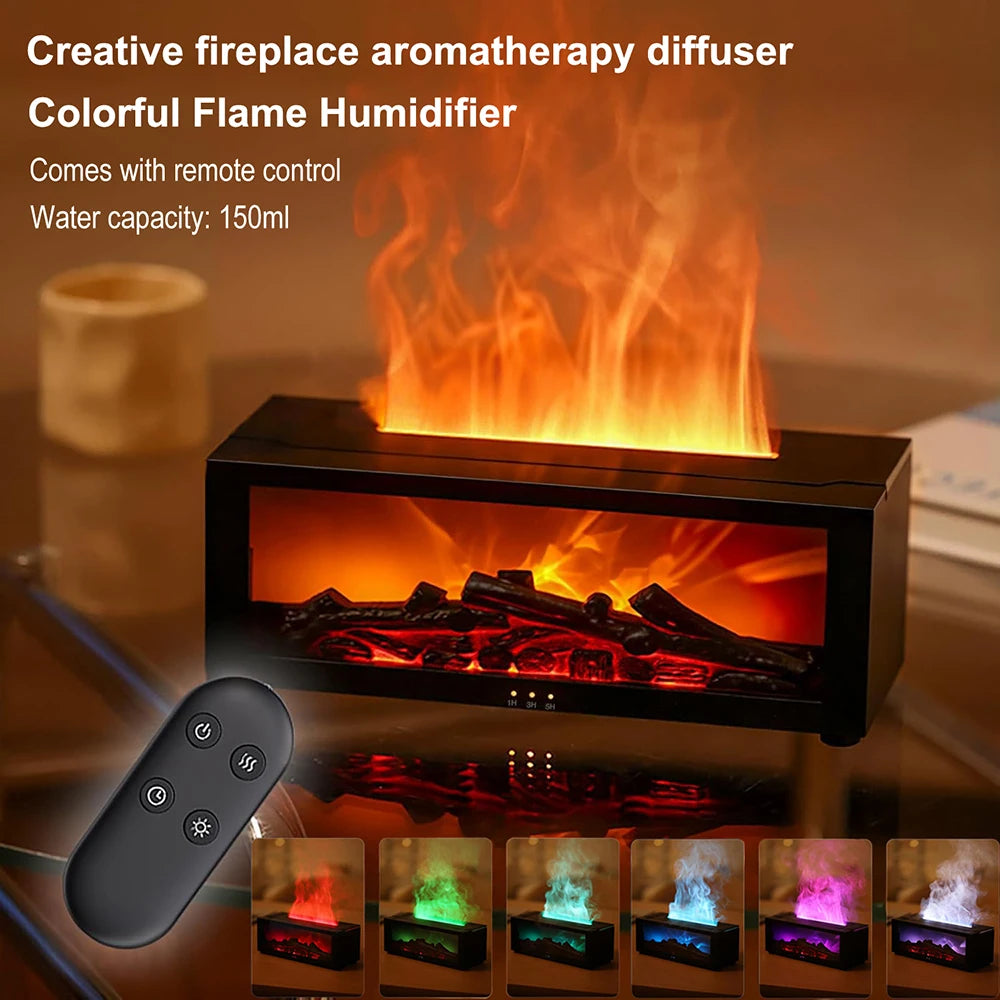 Flame Effect Essential Oil Diffuser – LED Fireplace Humidifier with Colorful Fire Light & Remote Control